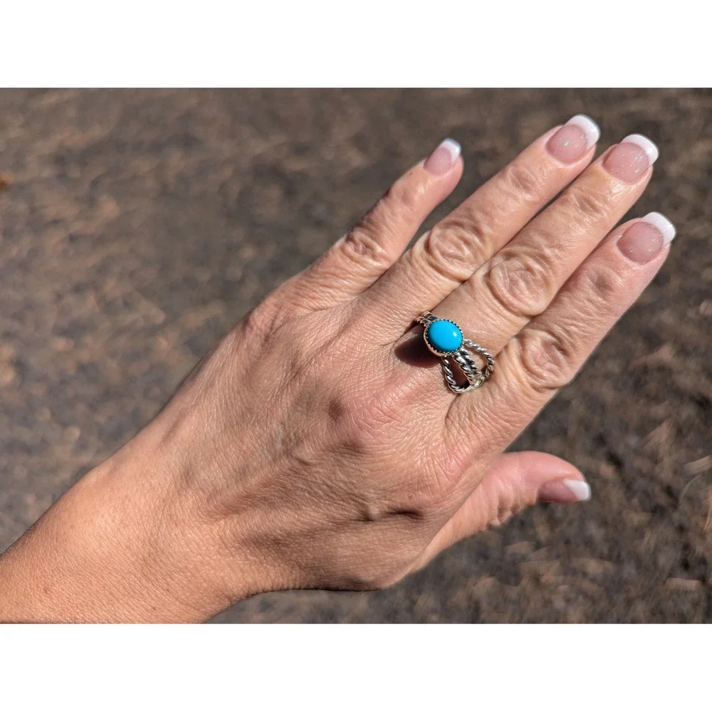 Navajo Turquoise Rope Lasso Sterling Silver Ring‎ Native Am Jewelry Sz 7.5US**
